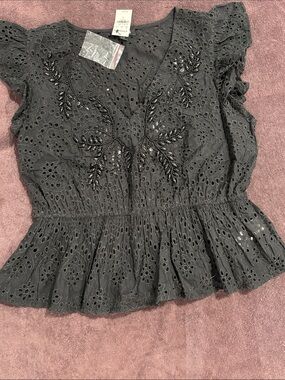 Express Women’s Black Eyelet V-Neck Peplum Top with Beaded Detail
